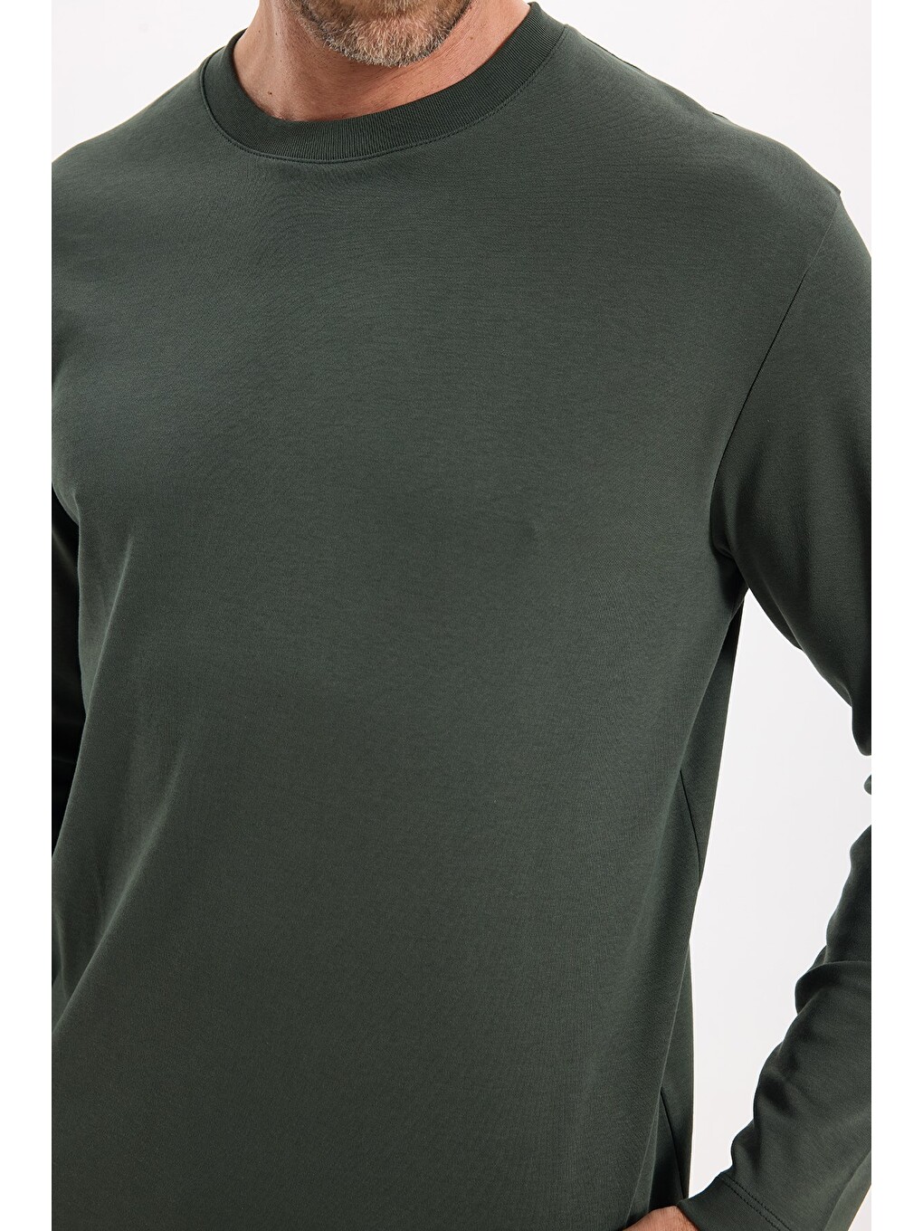 Unisex Relax Fit Rahat Kesim %100 Pamuk Uzun Kollu Bisiklet Yaka Yeşil Basic Tişört-4
