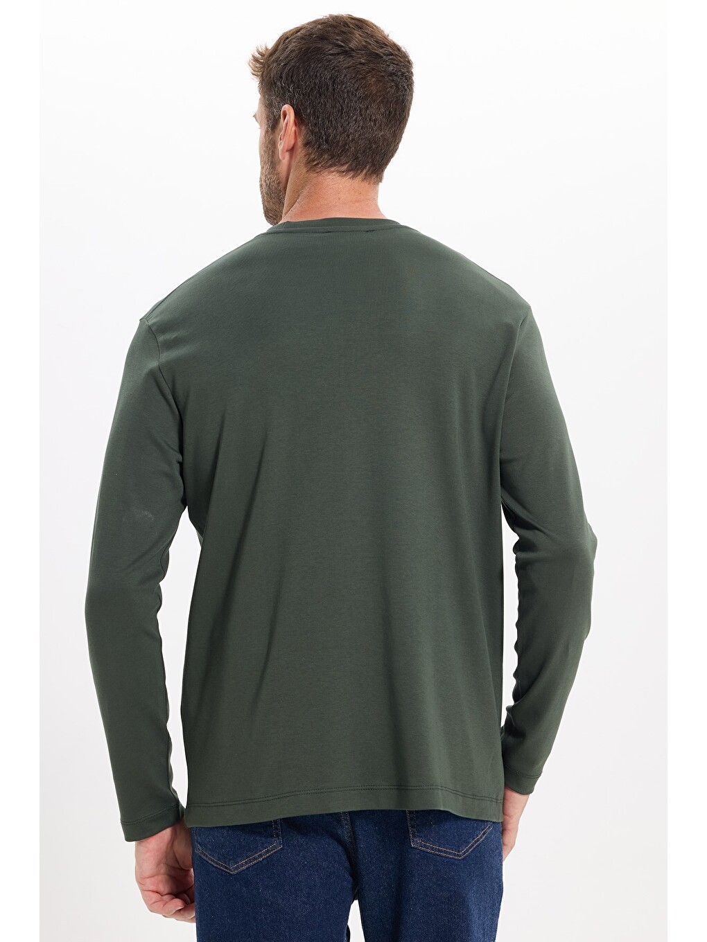 Unisex Relax Fit Rahat Kesim %100 Pamuk Uzun Kollu Bisiklet Yaka Yeşil Basic Tişört-6