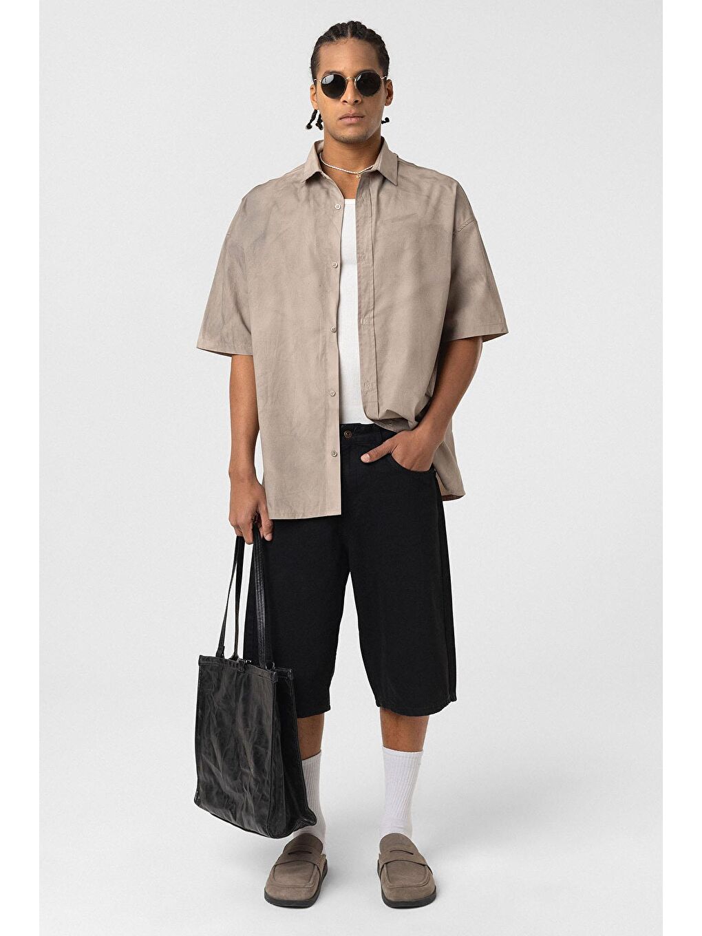 Bej Oversize Yıkamalı Poplin Gömlek Taş