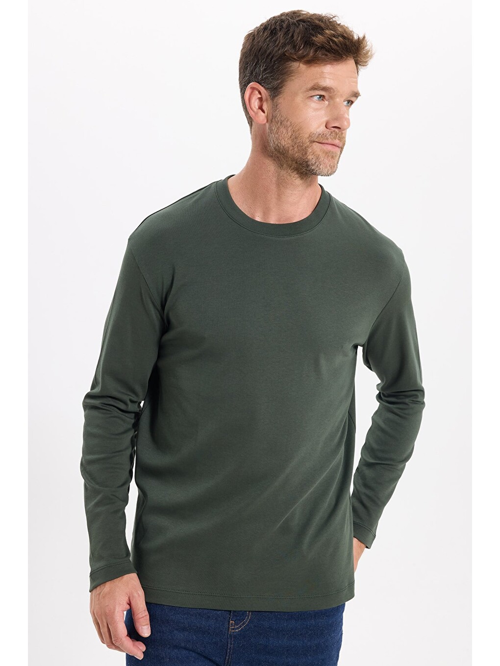 Unisex Relax Fit Rahat Kesim %100 Pamuk Uzun Kollu Bisiklet Yaka Yeşil Basic Tişört-7