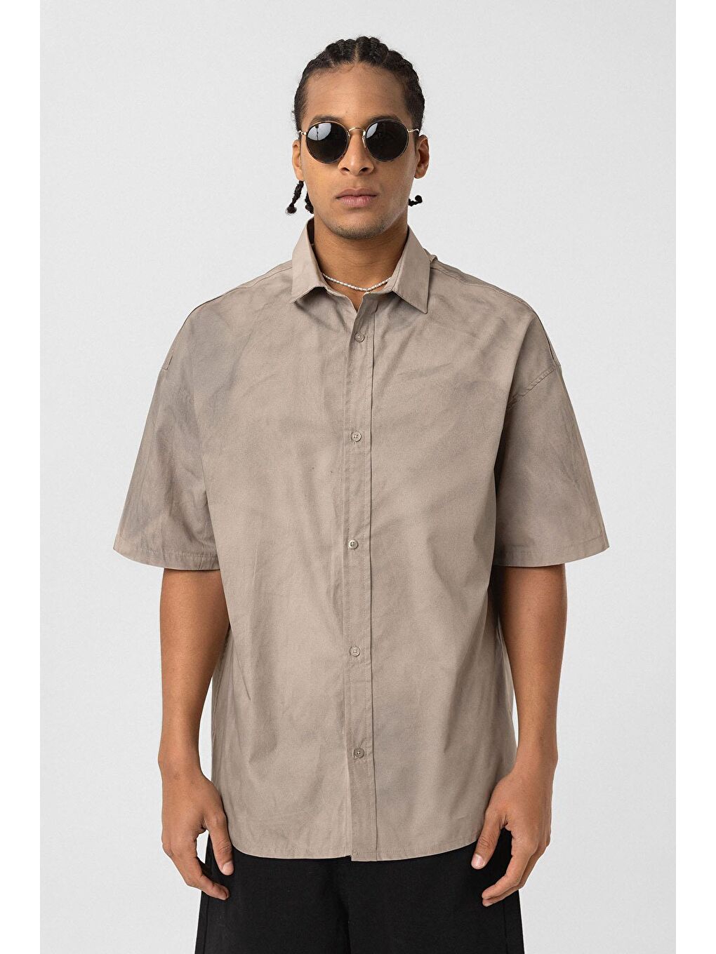 Bej Oversize Yıkamalı Poplin Gömlek Taş-3