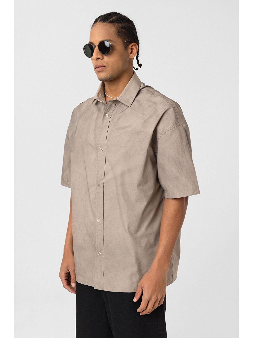 Bej Oversize Yıkamalı Poplin Gömlek Taş-4