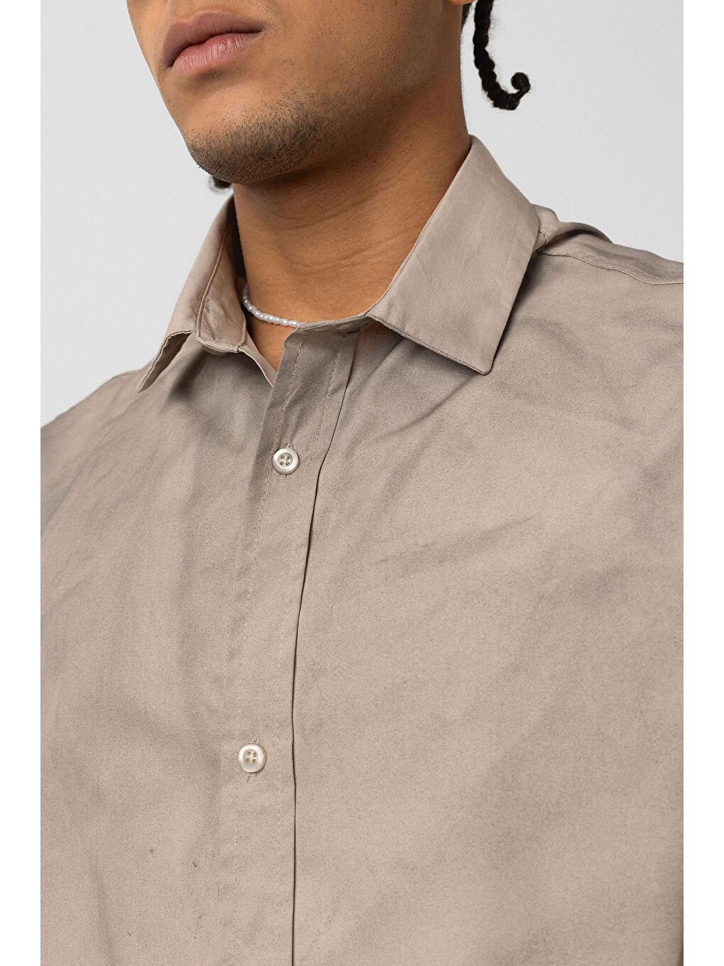 Bej Oversize Yıkamalı Poplin Gömlek Taş-5