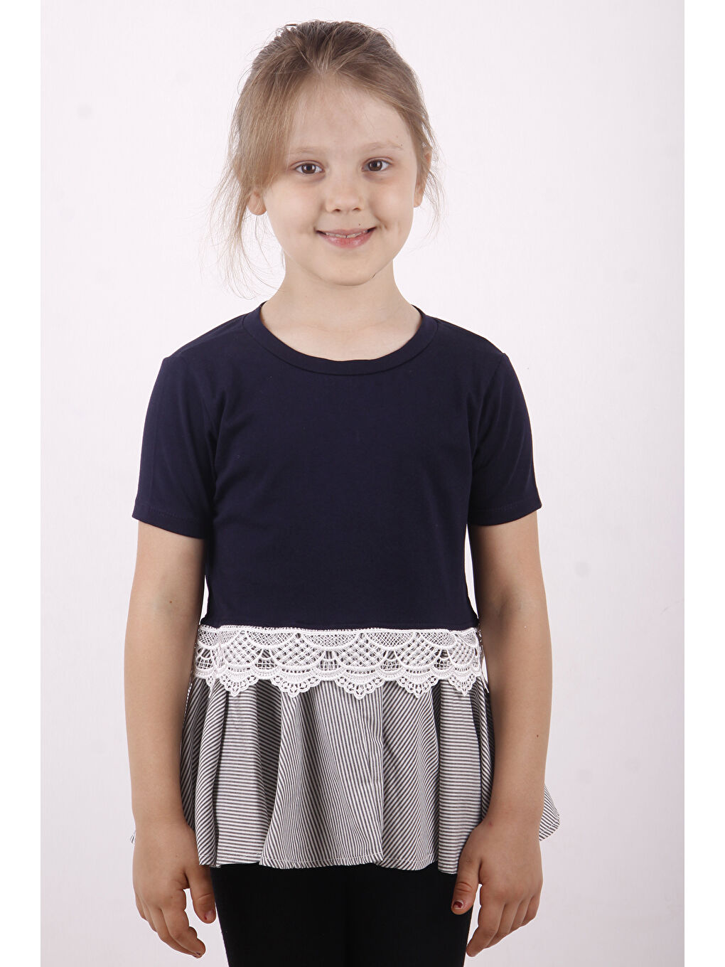 Lacivert Kız Çocuk Dantel Detaylı Garnili Elbise