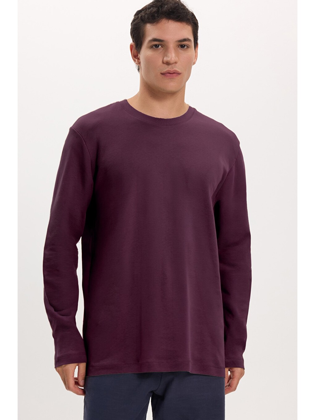 Unisex Relax Fit Rahat Kesim %100 Pamuk Uzun Kollu Bisiklet Yaka Bordo Basic Tişört-1
