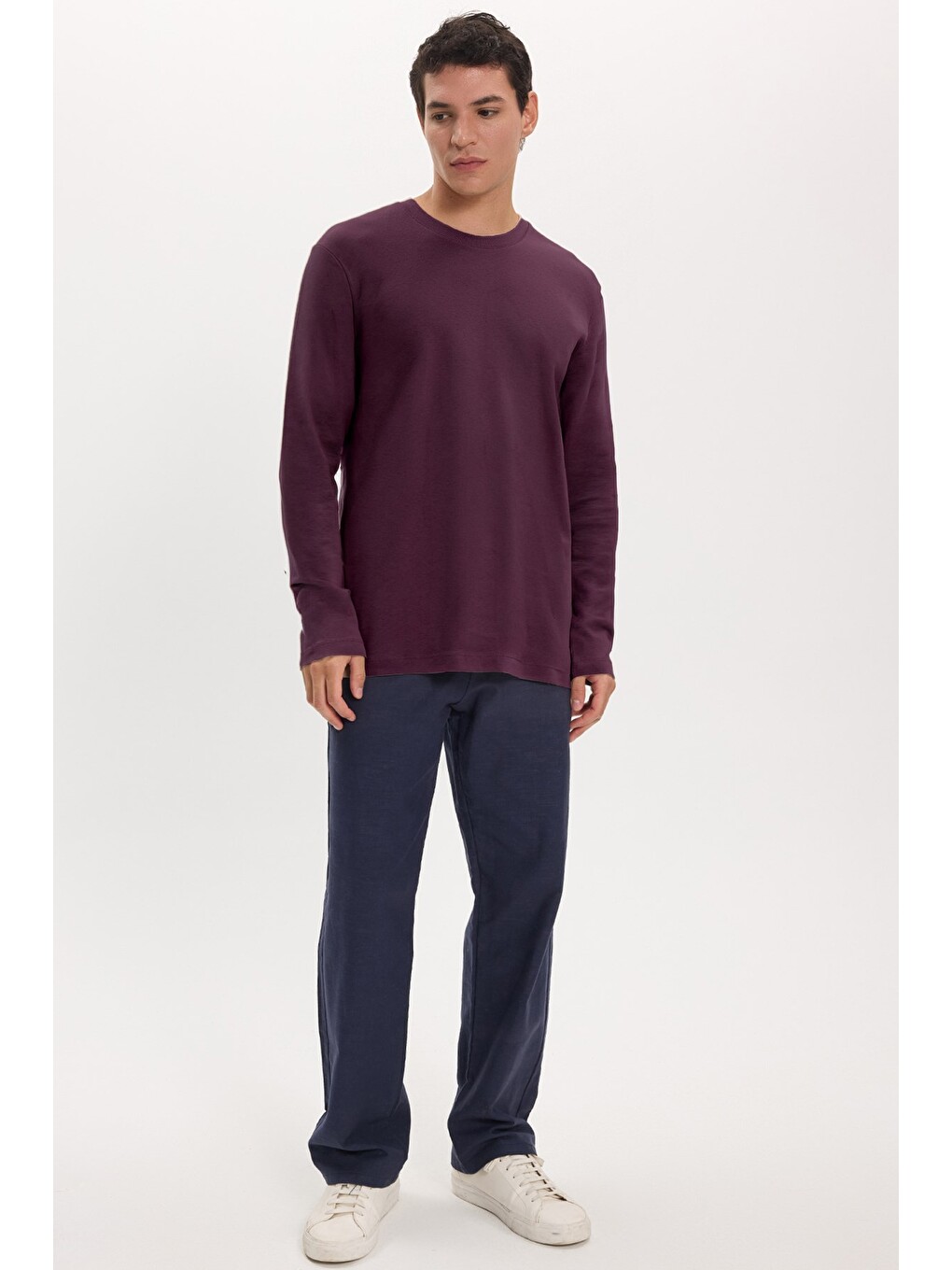 Unisex Relax Fit Rahat Kesim %100 Pamuk Uzun Kollu Bisiklet Yaka Bordo Basic Tişört-2