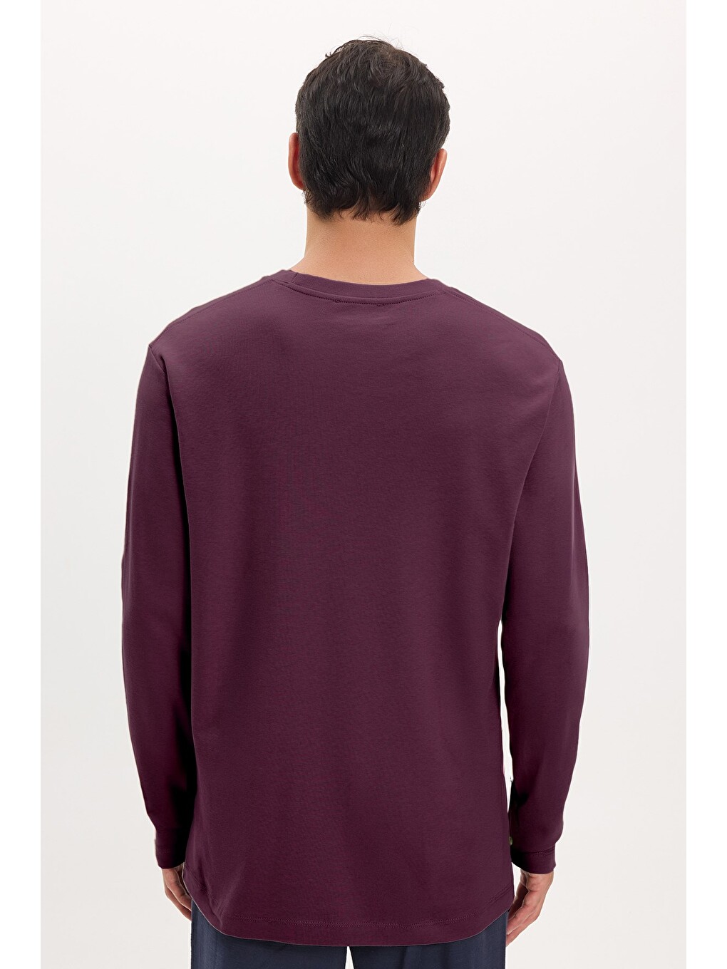 Unisex Relax Fit Rahat Kesim %100 Pamuk Uzun Kollu Bisiklet Yaka Bordo Basic Tişört-3