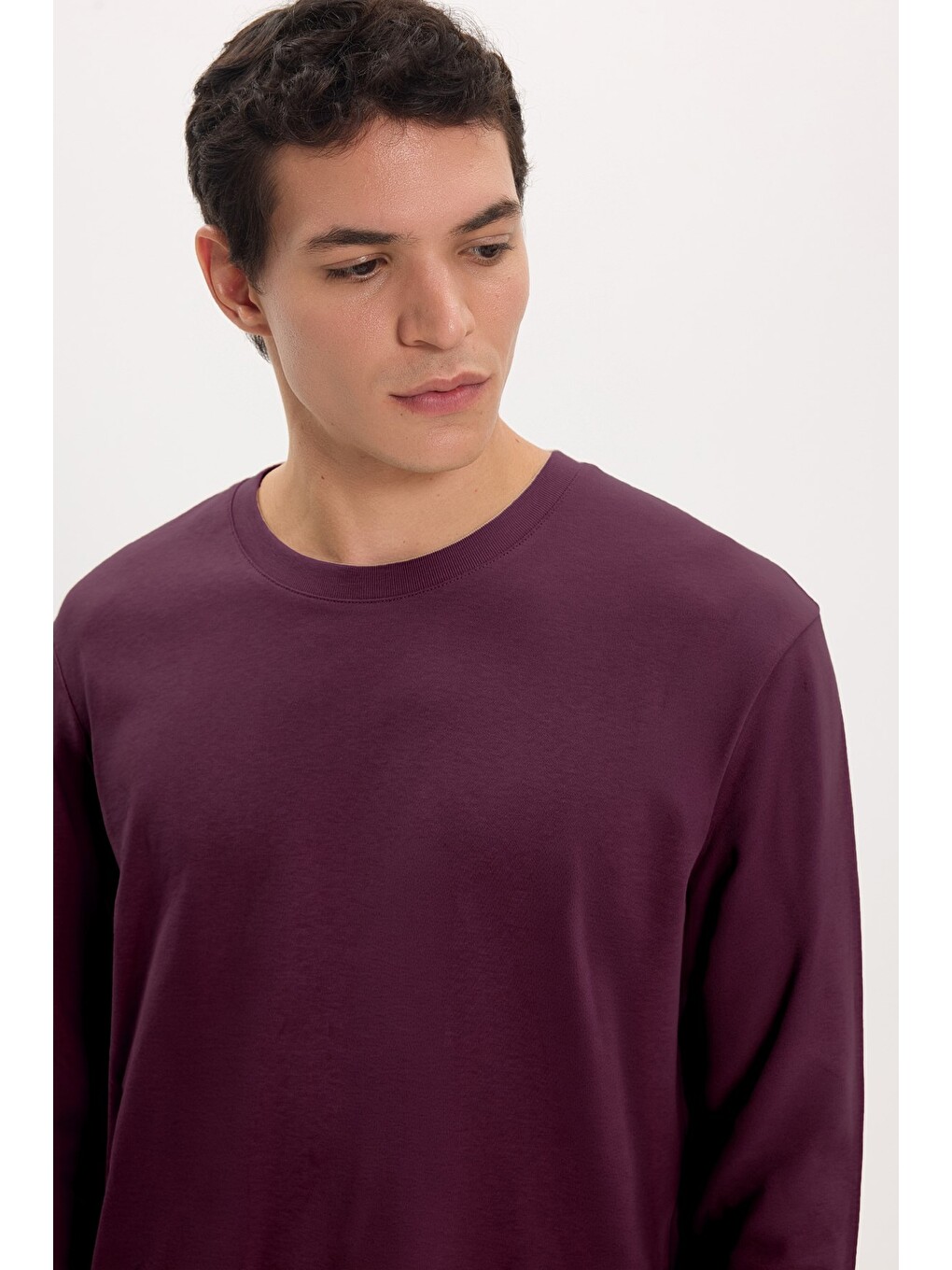 Unisex Relax Fit Rahat Kesim %100 Pamuk Uzun Kollu Bisiklet Yaka Bordo Basic Tişört-6