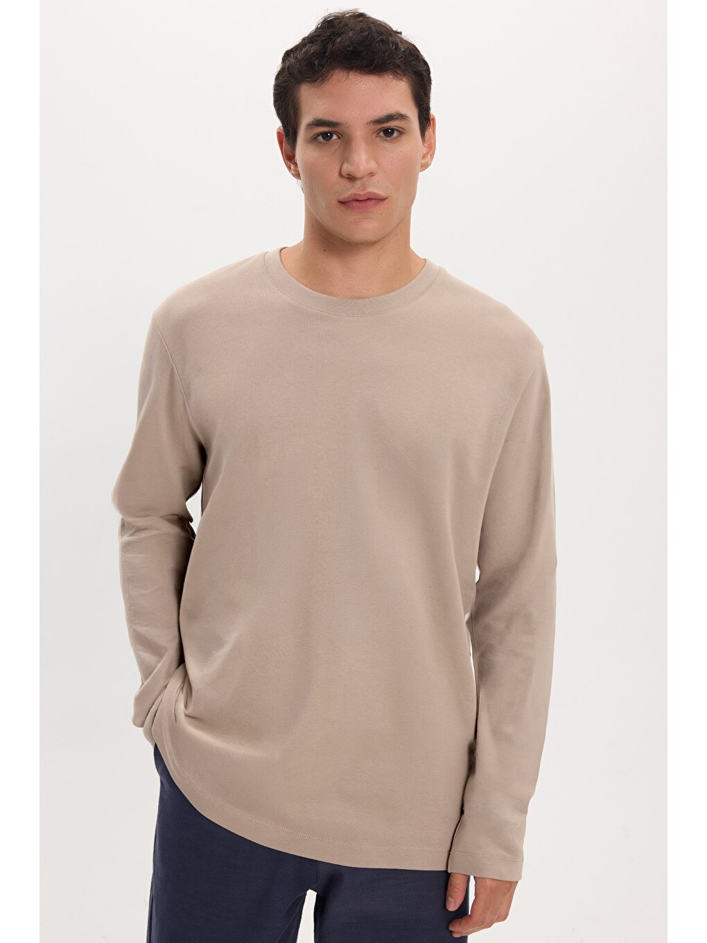 Unisex Relax Fit Rahat Kesim %100 Pamuk Uzun Kollu Bisiklet Yaka Haki Tişört