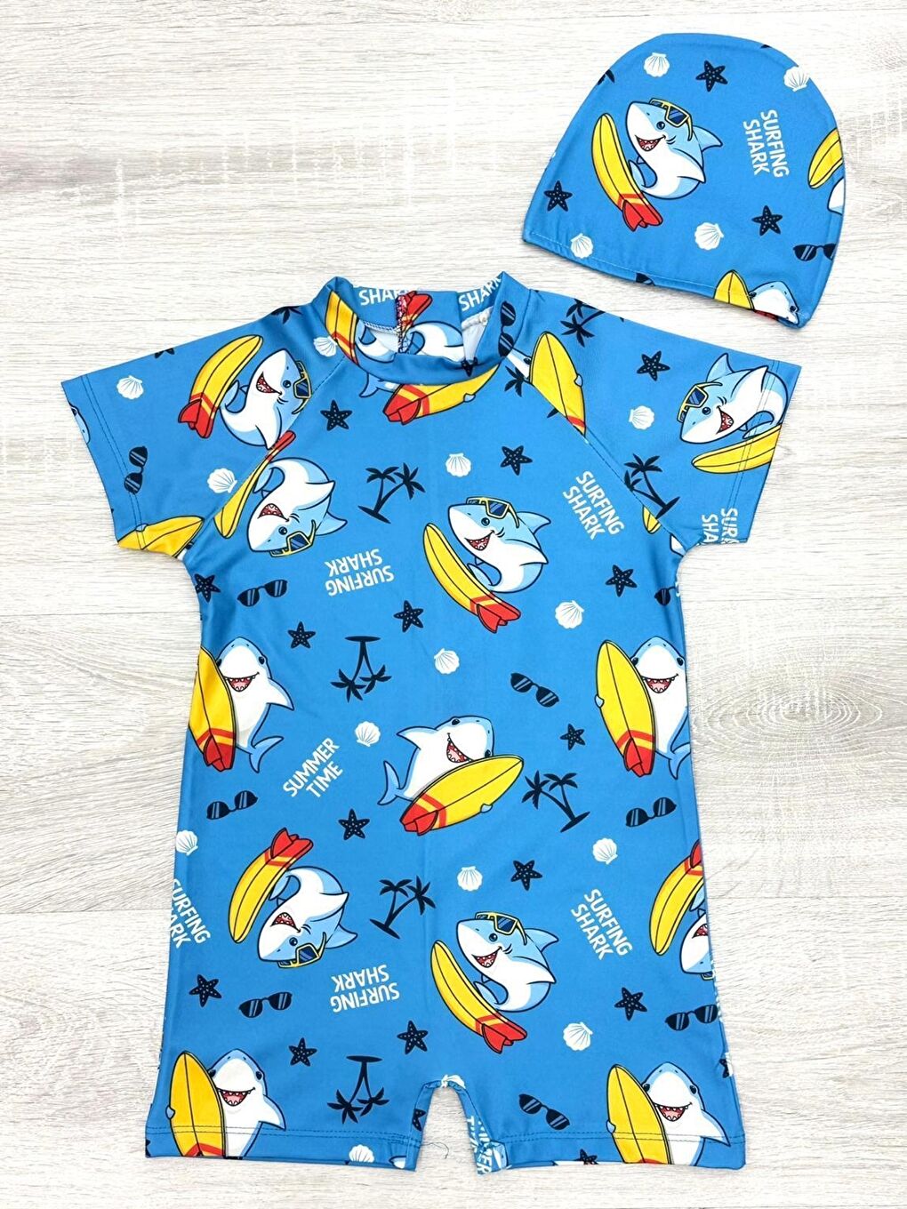 Mavi Erkek Çocuk Boneli Mayo Takımı (Tulum Mayo+Bone) 2-8 Yaş 12219