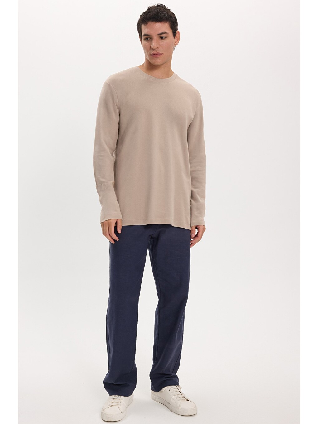 Unisex Relax Fit Rahat Kesim %100 Pamuk Uzun Kollu Bisiklet Yaka Haki Tişört-1