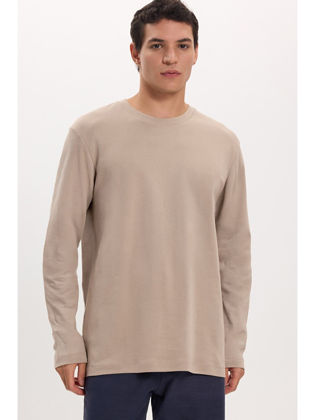Unisex Relax Fit Rahat Kesim %100 Pamuk Uzun Kollu Bisiklet Yaka Haki Tişört-2