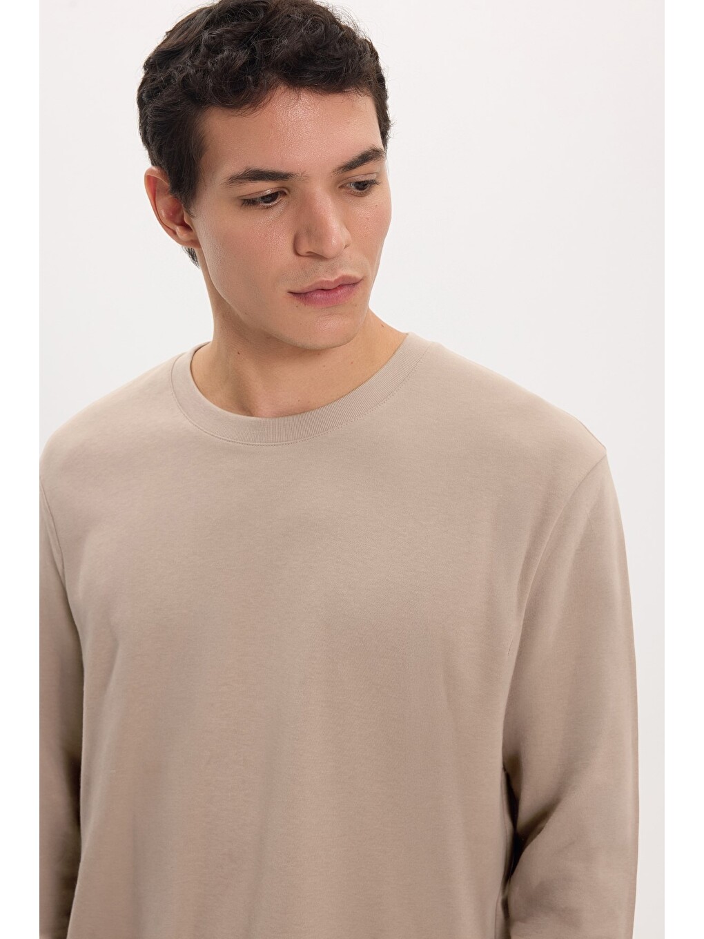 Unisex Relax Fit Rahat Kesim %100 Pamuk Uzun Kollu Bisiklet Yaka Haki Tişört-3