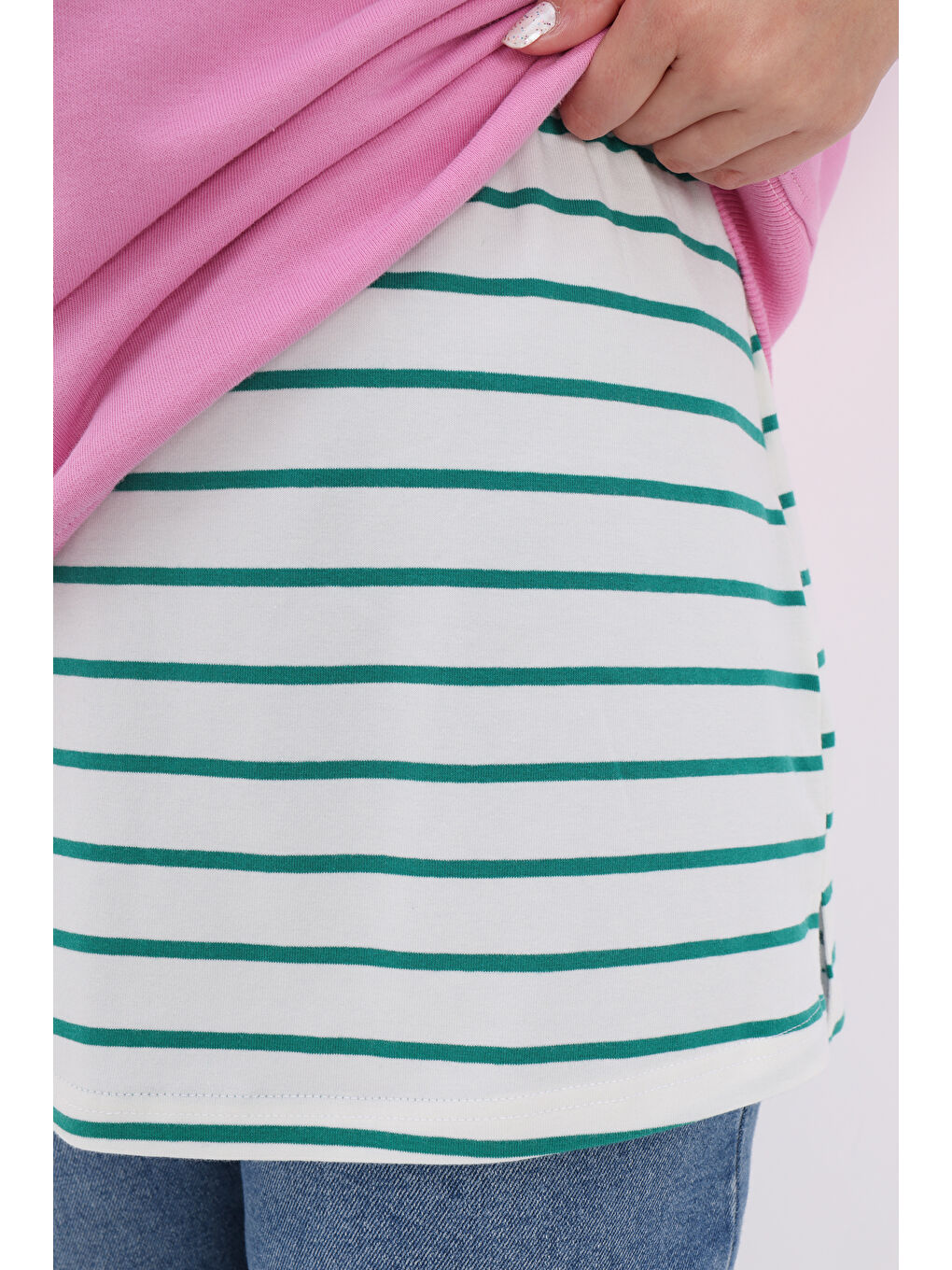 Bej Ekru-Yeşil Pamuklu Penye Kısa İçlik Etek-1