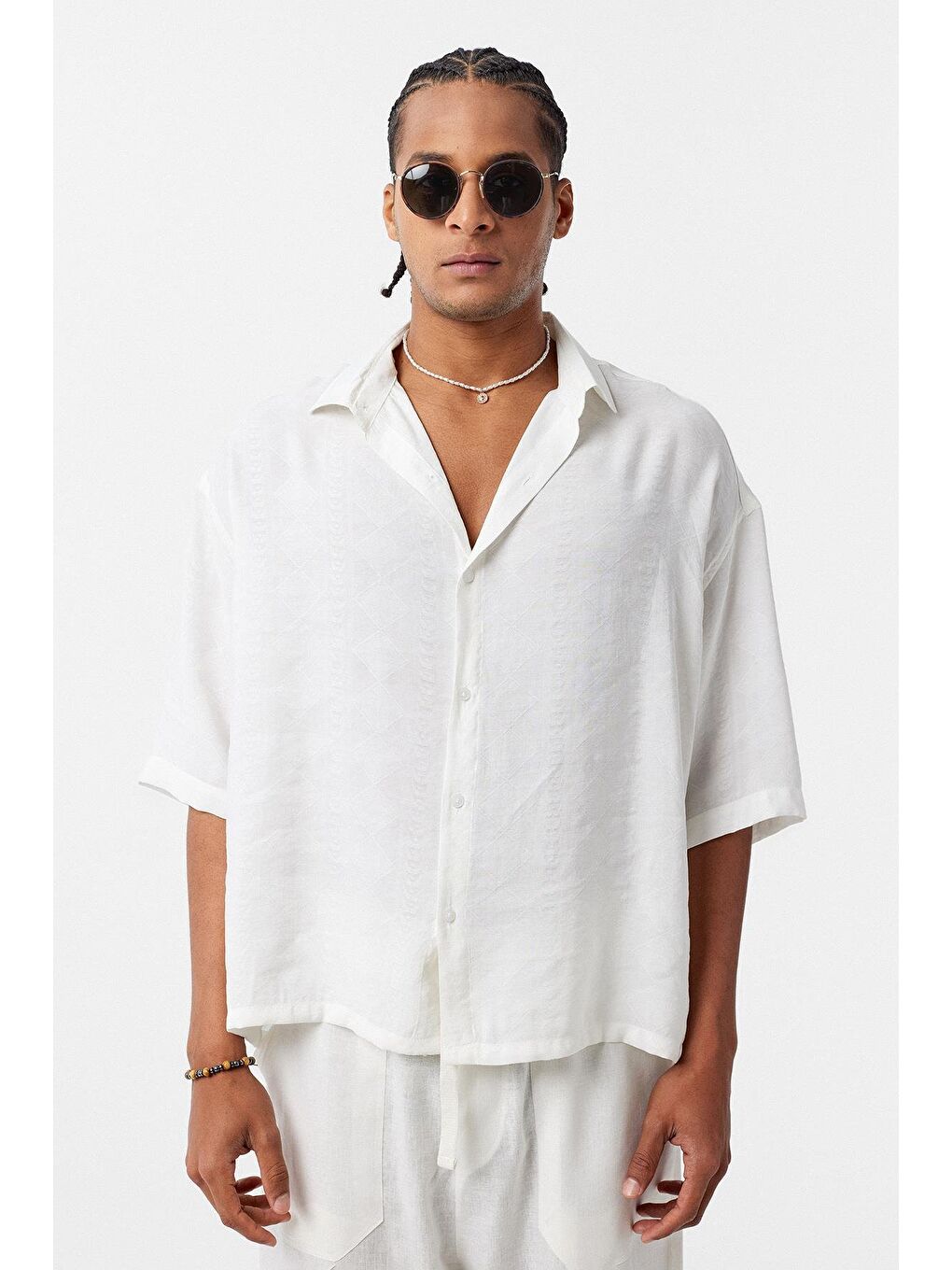 Oversize Kısa Kol Modal Kumaş Gömlek Ekru-1