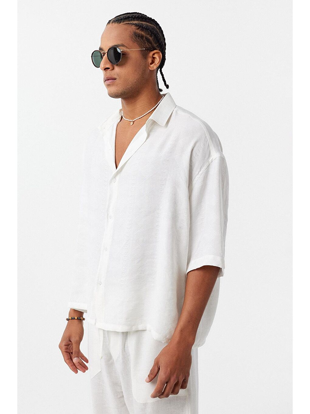 Oversize Kısa Kol Modal Kumaş Gömlek Ekru-2