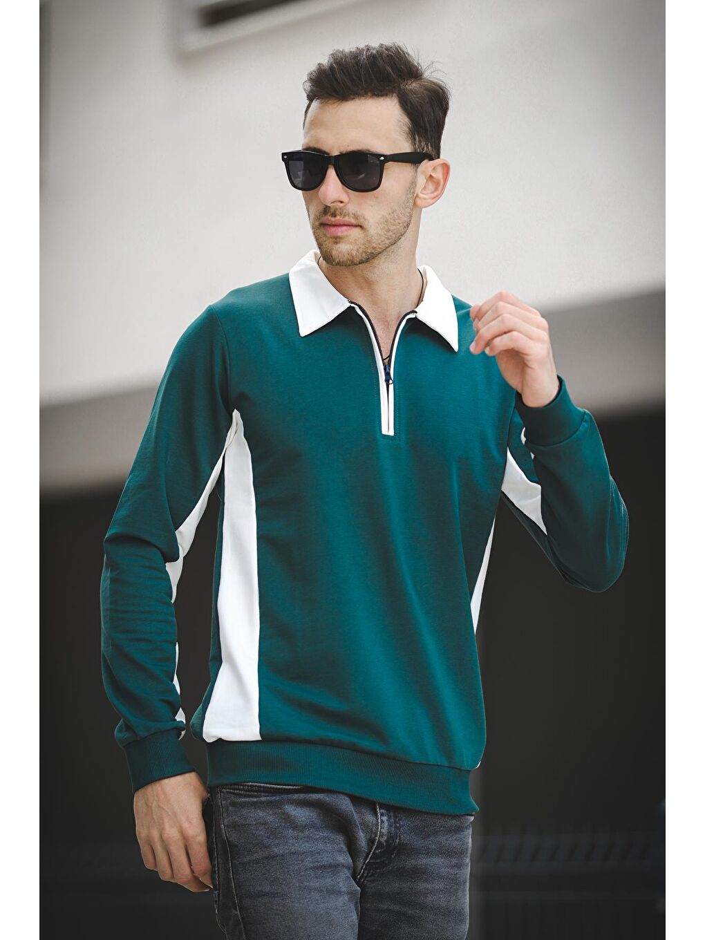 Yeşil Shibu Parçalı Yarım Fermuarlı Yakalı Erkek Sweatshirt