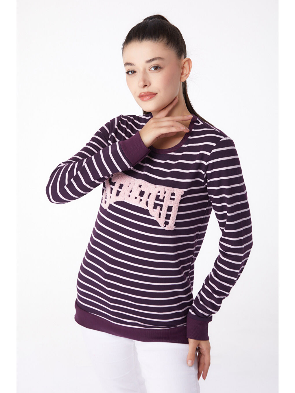 TOFİSA Düz Bisiklet Yaka Kadın Mor Nakışlı Sweatshirt - 26292