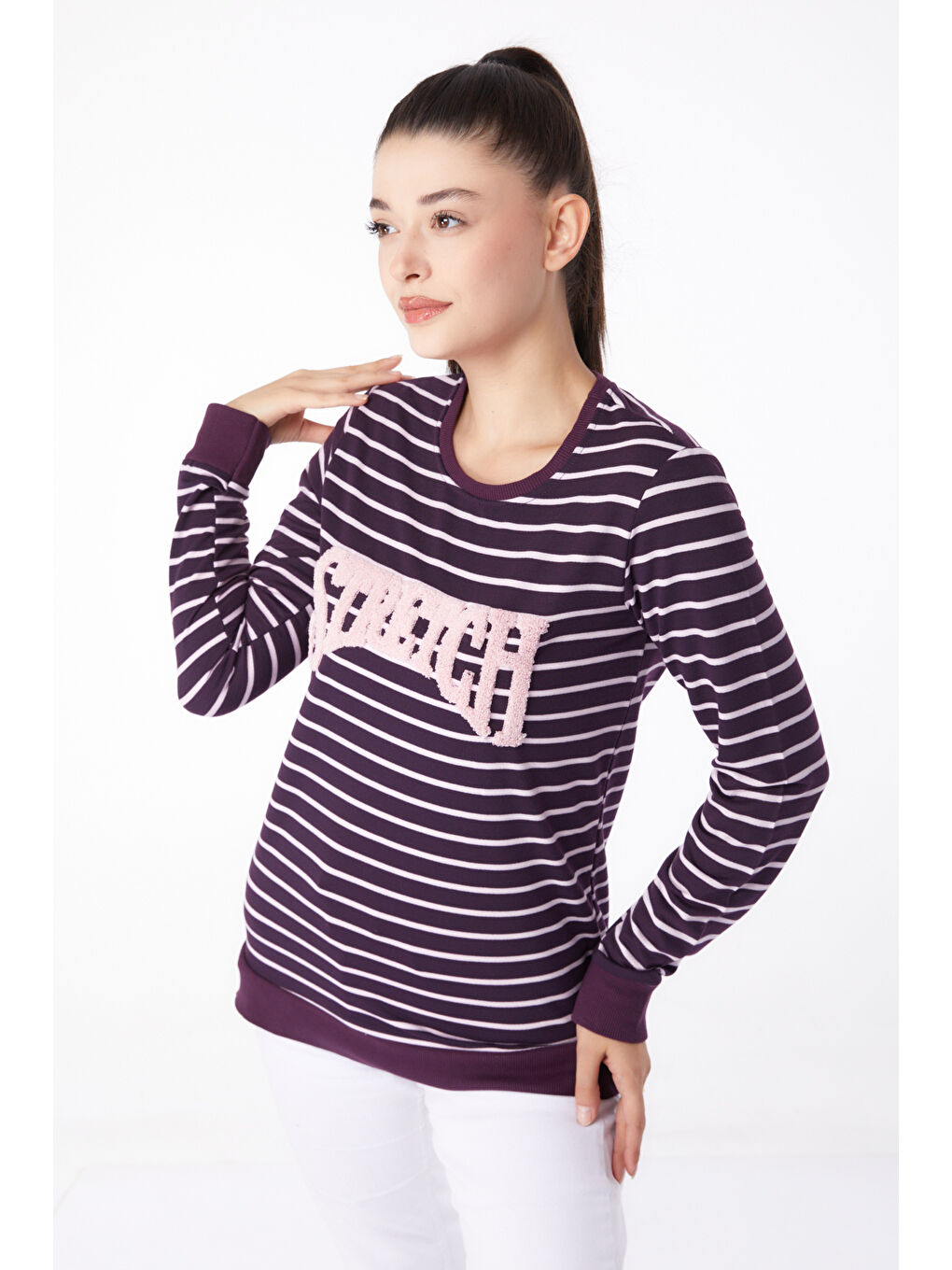 TOFİSA Düz Bisiklet Yaka Kadın Mor Nakışlı Sweatshirt - 26292 - 2