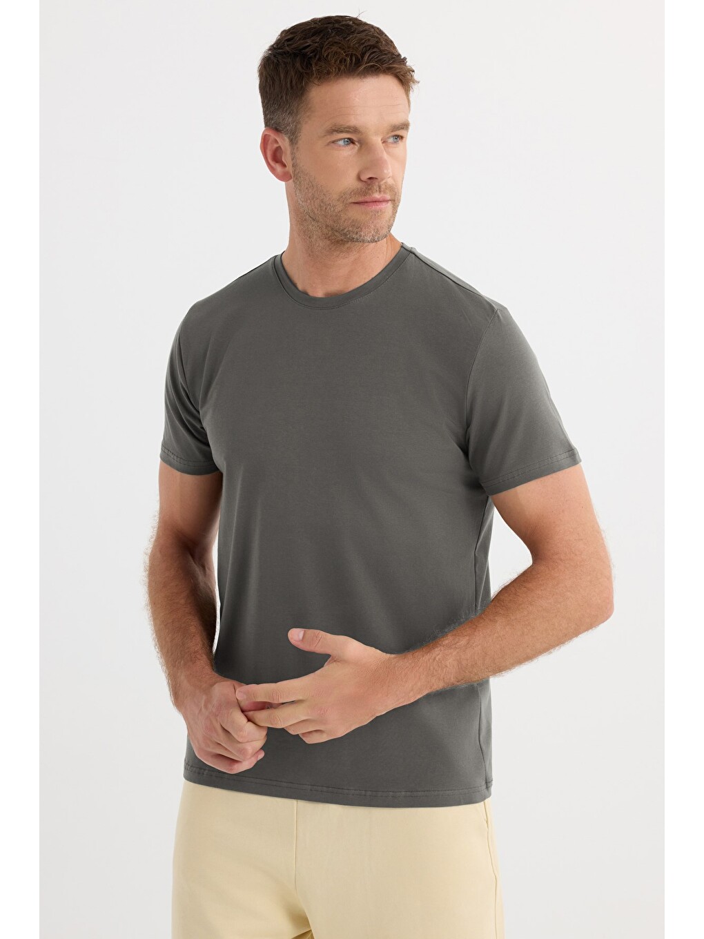 Erkek Slim Fit Dar Kesim Pamuklu Yumuşak Doku Esnek Kumaş Basic Gri Bisiklet Yaka Tişört-1