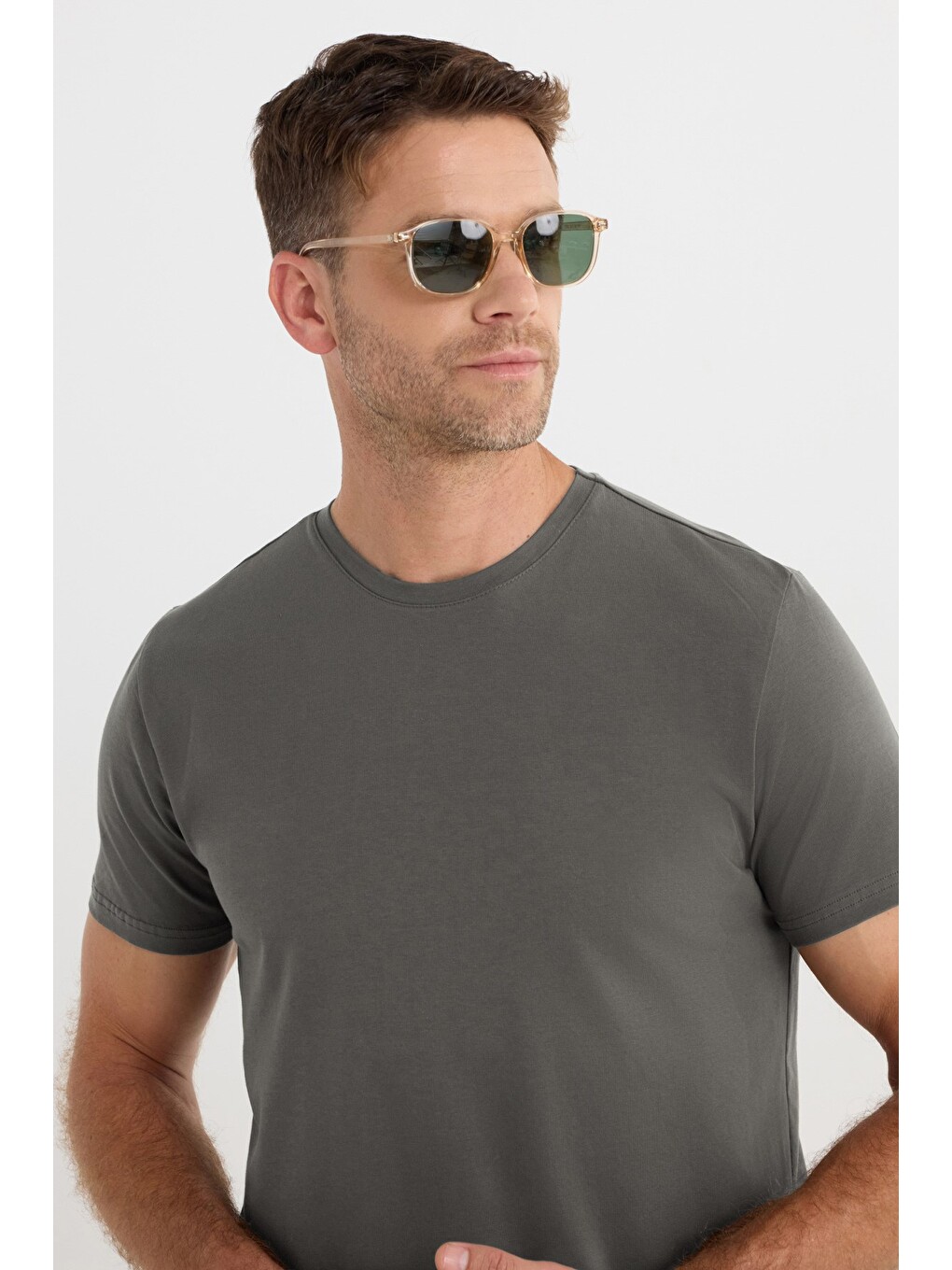 Erkek Slim Fit Dar Kesim Pamuklu Yumuşak Doku Esnek Kumaş Basic Gri Bisiklet Yaka Tişört-3