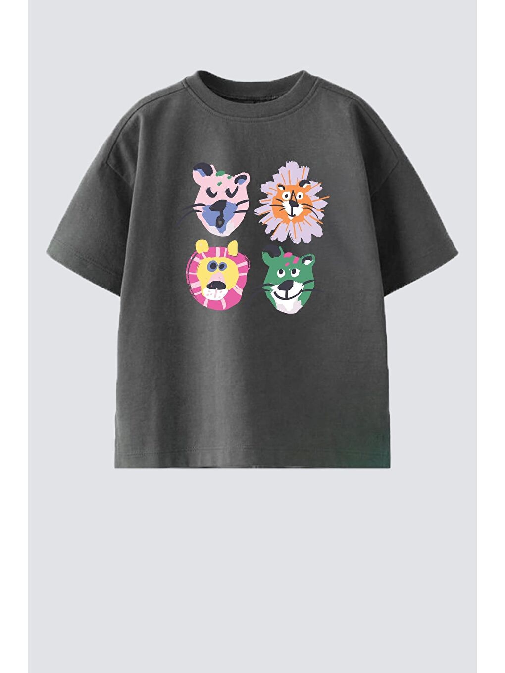 Antrasit Unisex Çocuk Pamuklu Bisiklet Yaka Baskılı T-Shirt