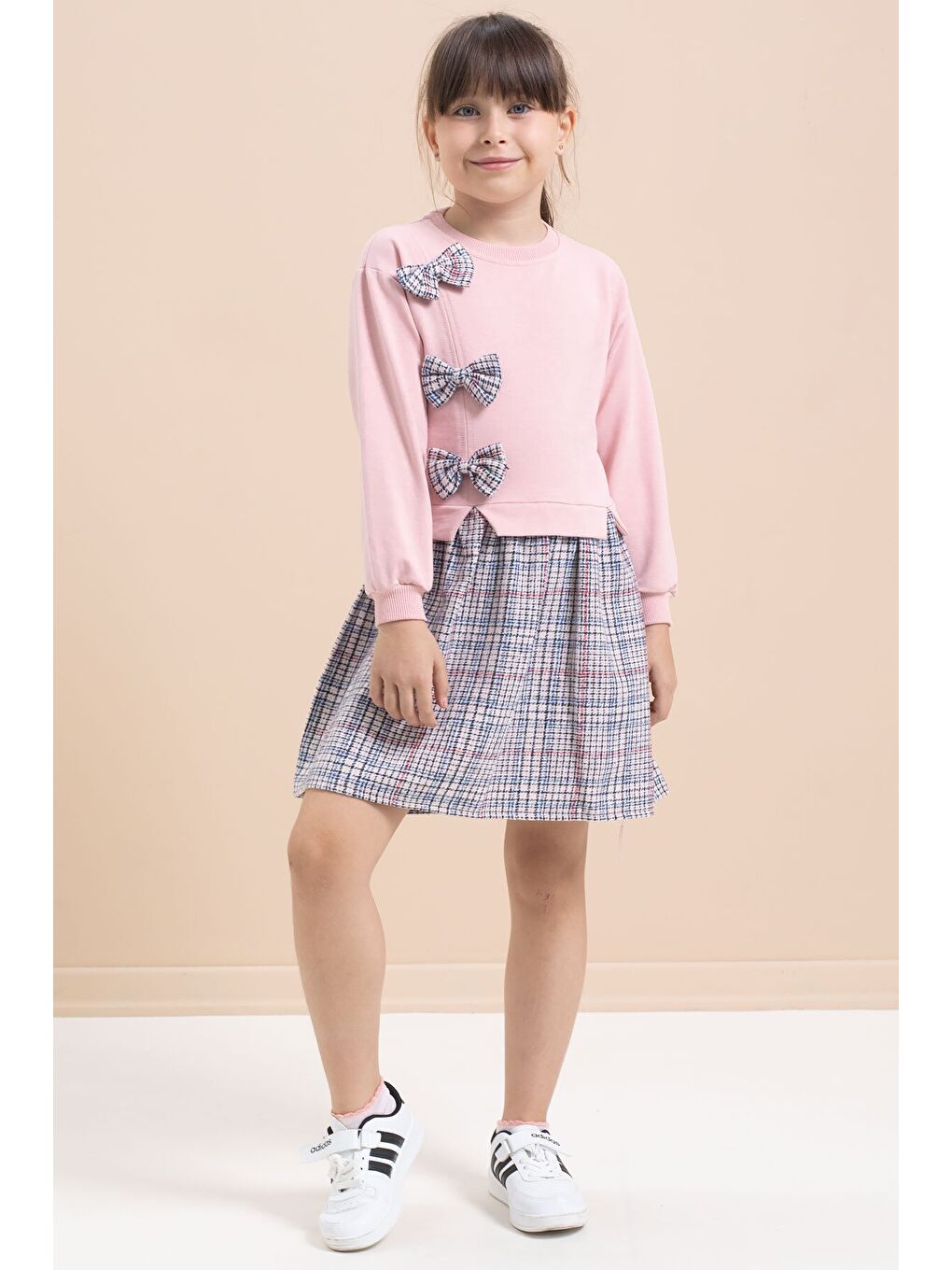 Pembe Kız Çocuk Fiyonk Detaylı Ekose Etekli Elbise 21532