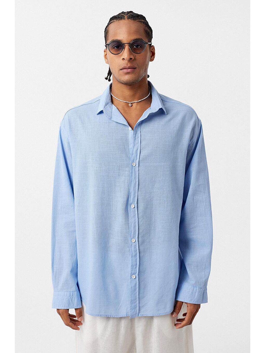 Basic Oversize Pamuk Keten Gömlek Mavi