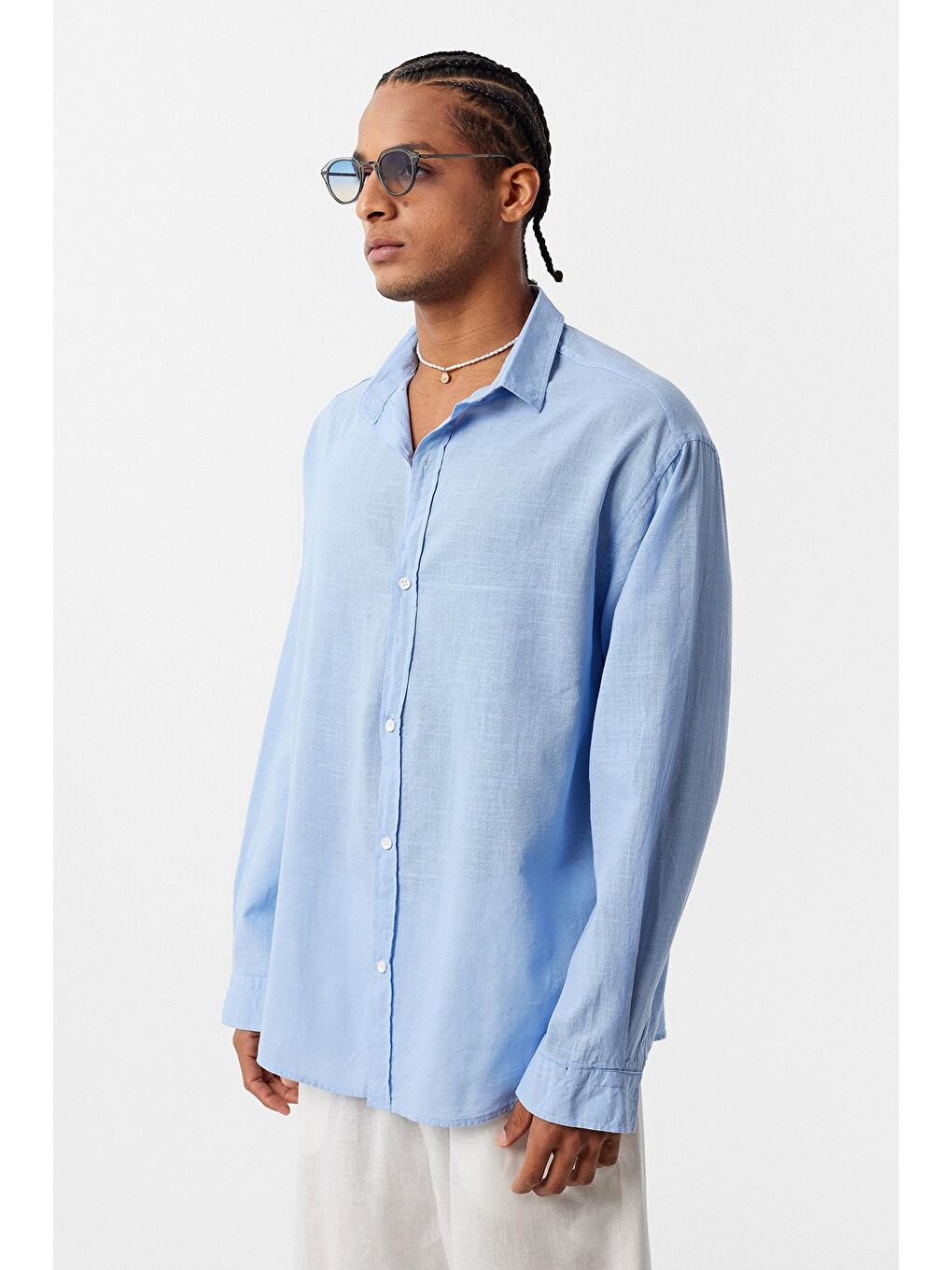 Basic Oversize Pamuk Keten Gömlek Mavi-1