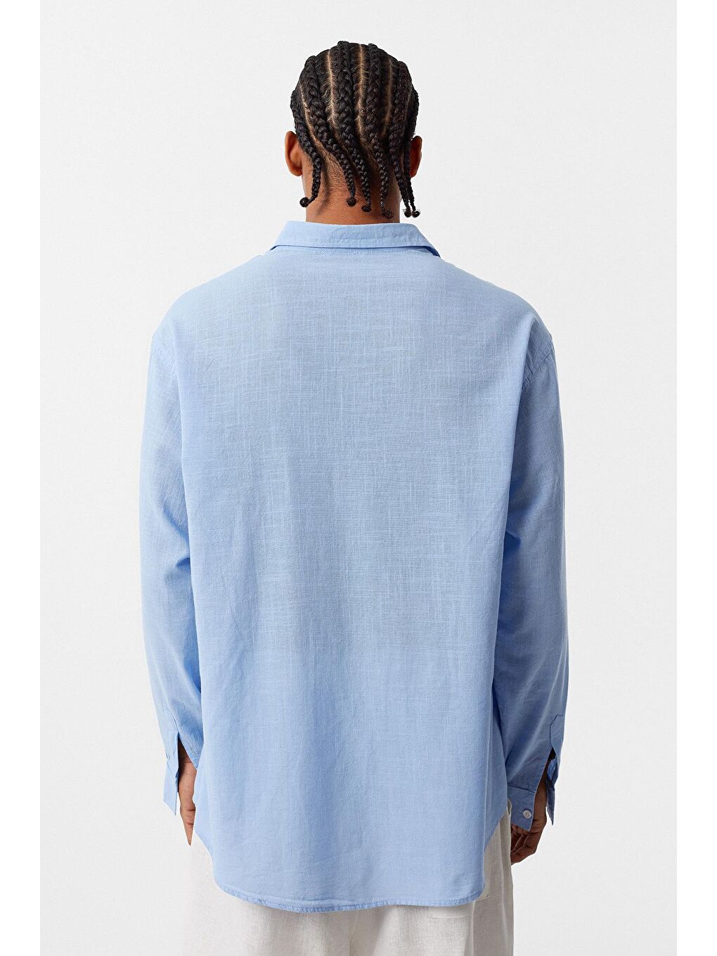 Basic Oversize Pamuk Keten Gömlek Mavi-2