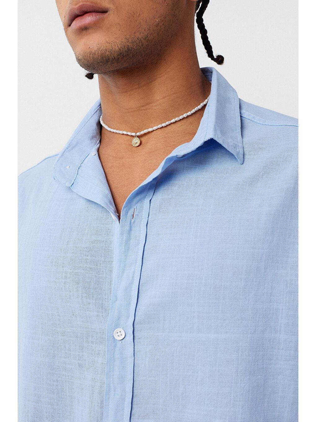 Basic Oversize Pamuk Keten Gömlek Mavi-3