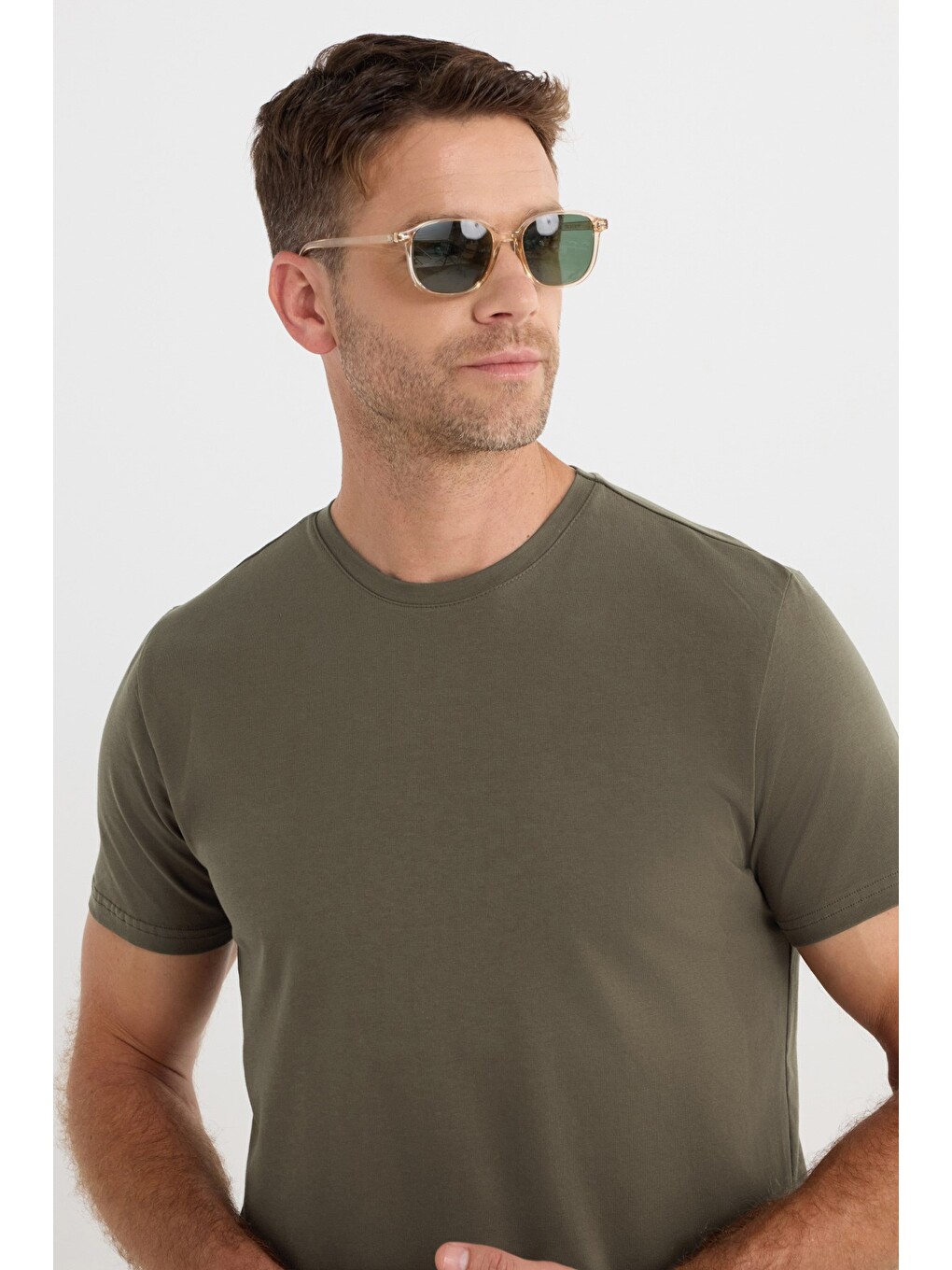 Erkek Slim Fit Dar Kesim Pamuklu Yumuşak Doku Esnek Kumaş Basic Bisiklet Yaka Haki Tişört-1