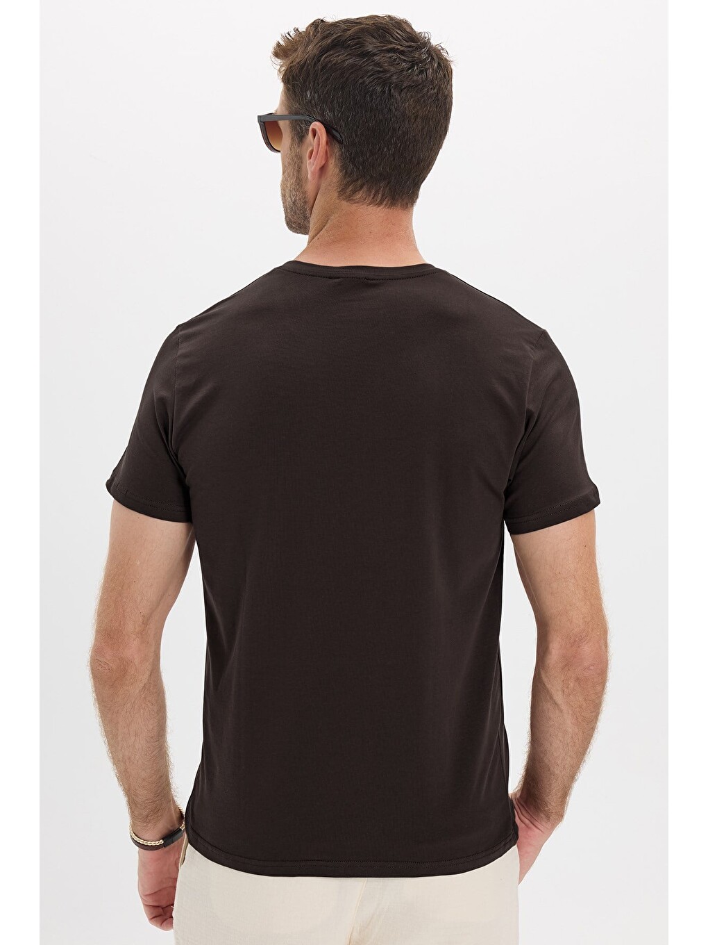 Erkek Slim Fit Dar Kesim Pamuklu Yumuşak Doku Esnek Kumaş Basic Kahverengi Bisiklet Yaka Tişört-6
