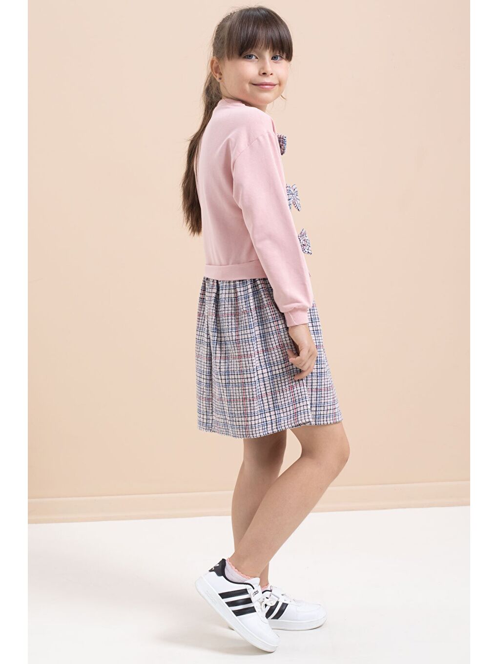 Pembe Kız Çocuk Fiyonk Detaylı Ekose Etekli Elbise 21532-2