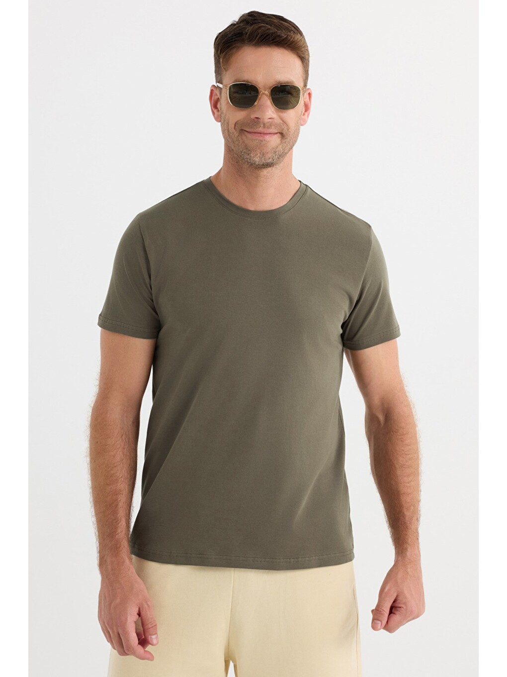 Erkek Slim Fit Dar Kesim Pamuklu Yumuşak Doku Esnek Kumaş Basic Bisiklet Yaka Haki Tişört-5