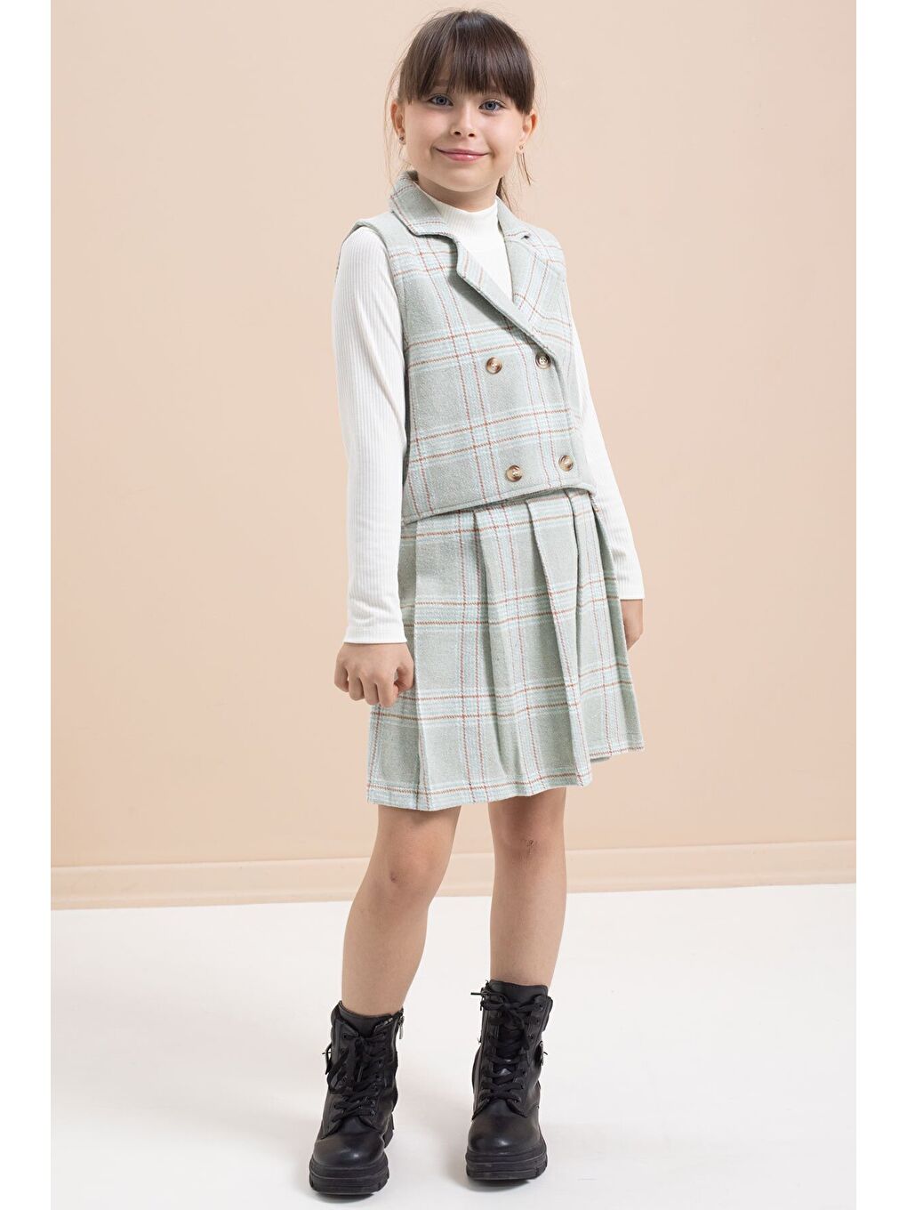 Yeşil Mint Ekose Desenli Düğme Detaylı Ceketli Kız Çocuk 2'li Takım 21542