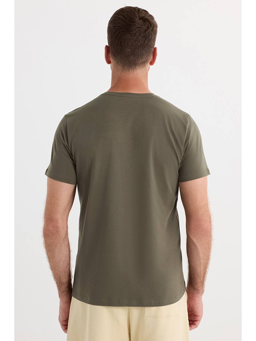 Erkek Slim Fit Dar Kesim Pamuklu Yumuşak Doku Esnek Kumaş Basic Bisiklet Yaka Haki Tişört-6