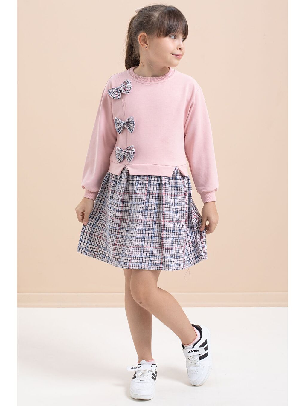 Pembe Kız Çocuk Fiyonk Detaylı Ekose Etekli Elbise 21532-3