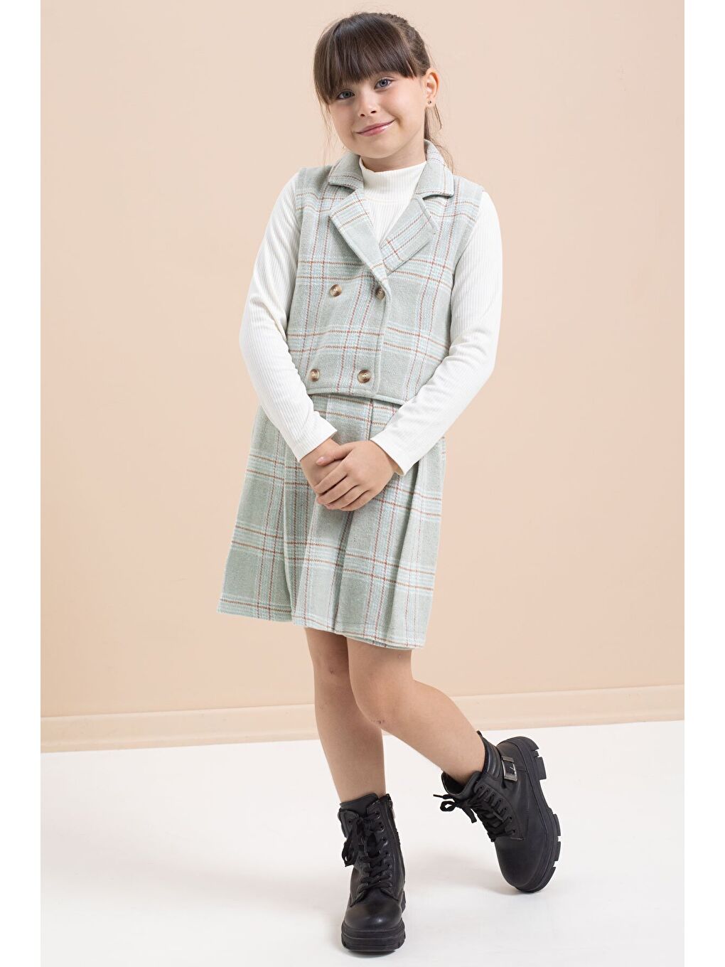 Yeşil Mint Ekose Desenli Düğme Detaylı Ceketli Kız Çocuk 2'li Takım 21542-2