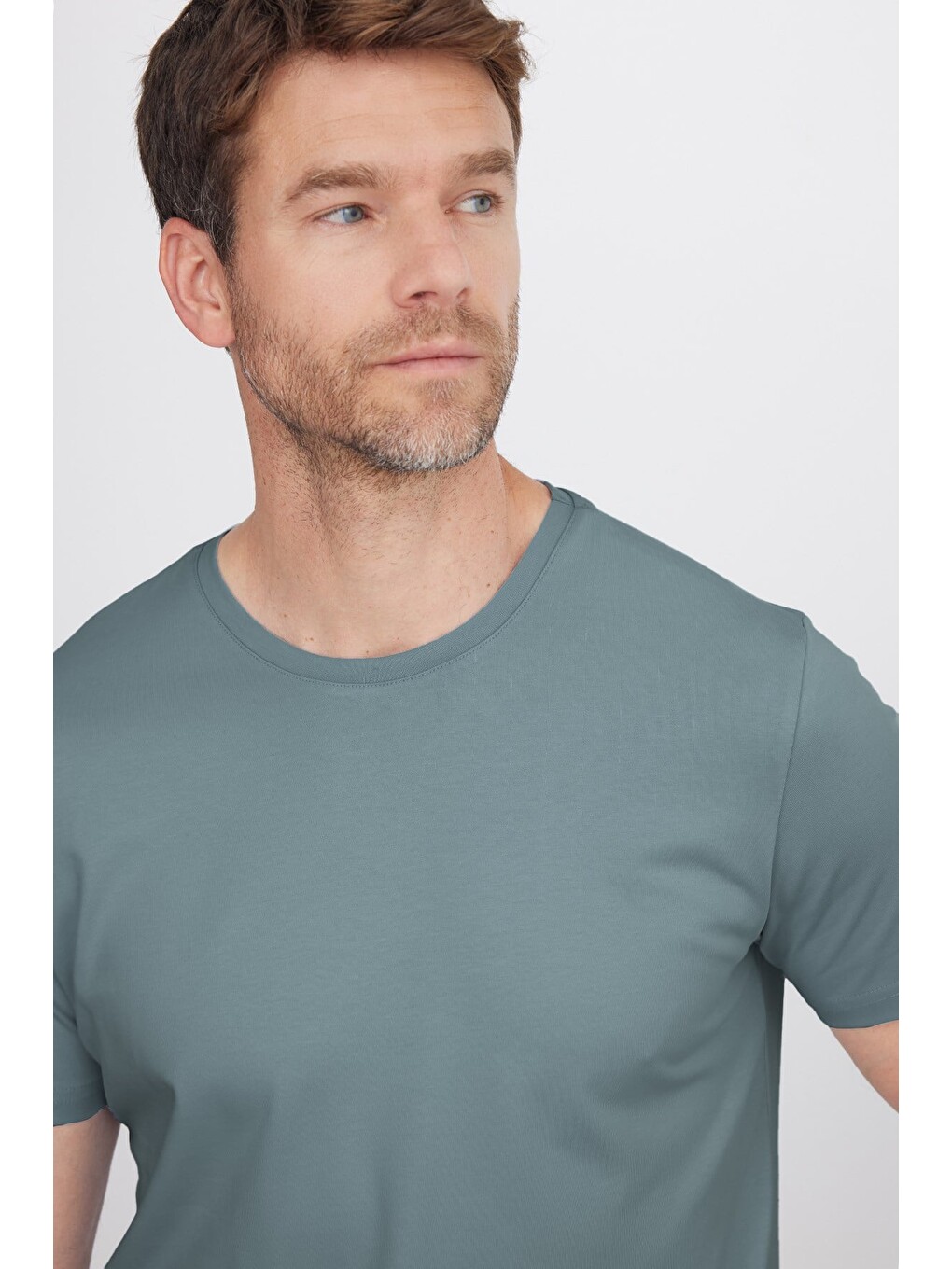 Erkek Slim Fit Dar Kesim Pamuklu Yumuşak Doku Esnek Kumaş Basic Açık Petrol Bisiklet Yaka Tişört-2