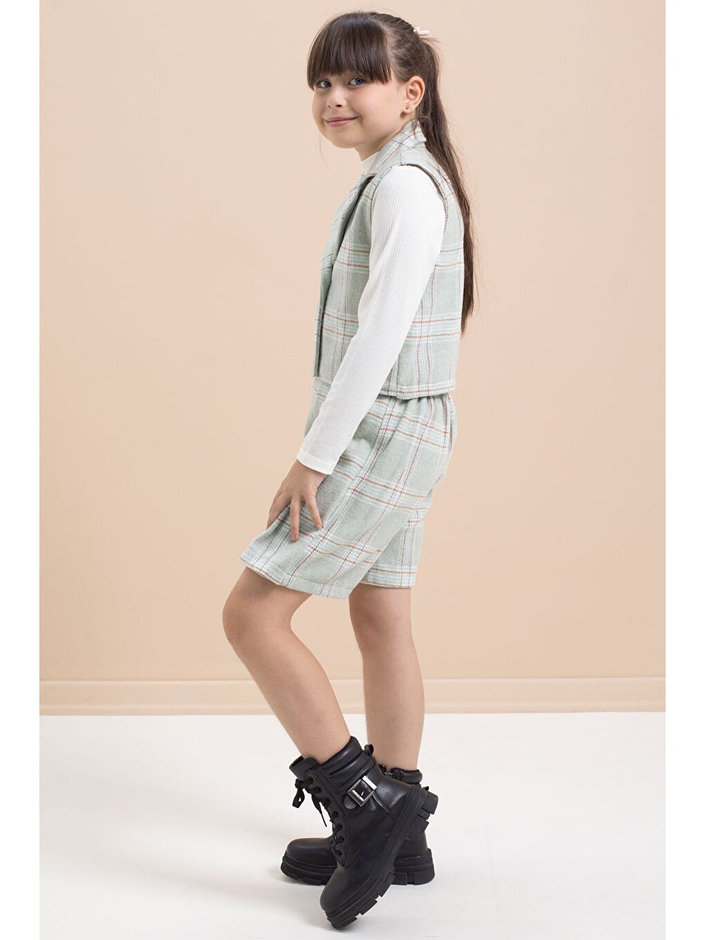 Yeşil Mint Ekose Desenli Düğme Detaylı Ceketli Kız Çocuk 2'li Takım 21542-3