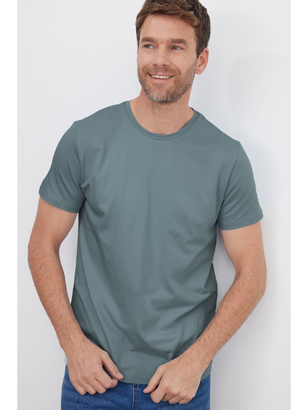 Erkek Slim Fit Dar Kesim Pamuklu Yumuşak Doku Esnek Kumaş Basic Açık Petrol Bisiklet Yaka Tişört-3
