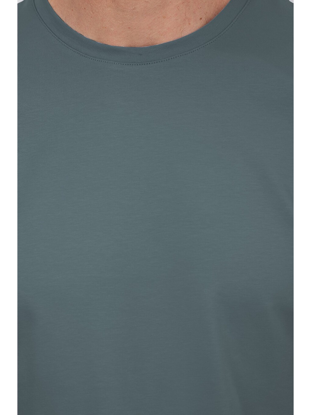 Erkek Slim Fit Dar Kesim Pamuklu Yumuşak Doku Esnek Kumaş Basic Açık Petrol Bisiklet Yaka Tişört-5