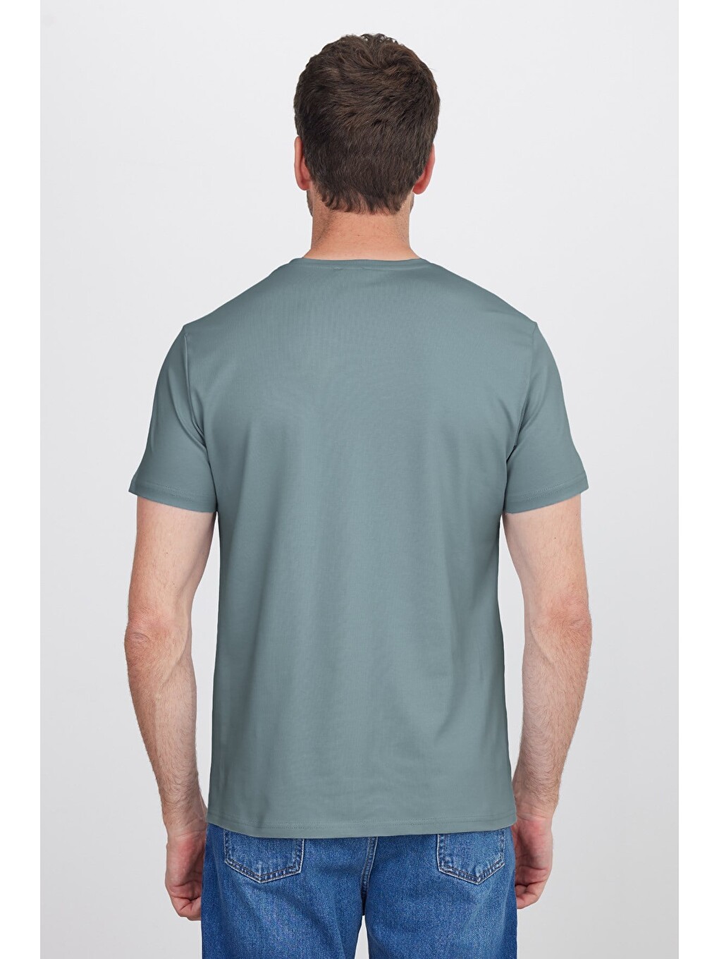 Erkek Slim Fit Dar Kesim Pamuklu Yumuşak Doku Esnek Kumaş Basic Açık Petrol Bisiklet Yaka Tişört-6