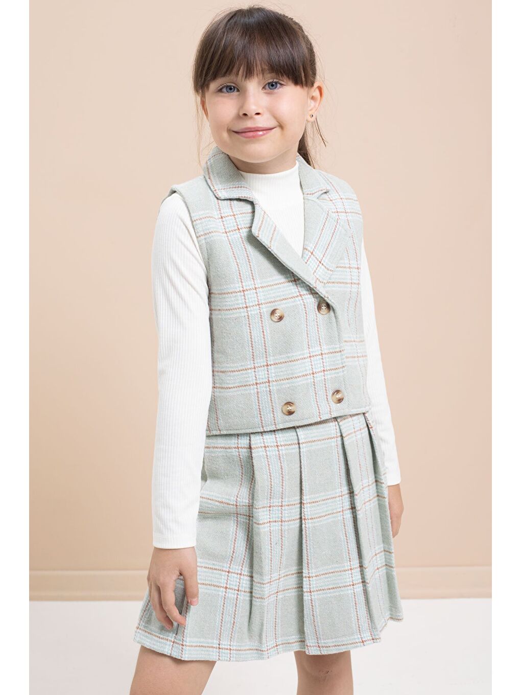 Yeşil Mint Ekose Desenli Düğme Detaylı Ceketli Kız Çocuk 2'li Takım 21542-4