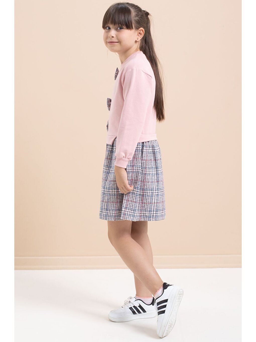 Pembe Kız Çocuk Fiyonk Detaylı Ekose Etekli Elbise 21532-4