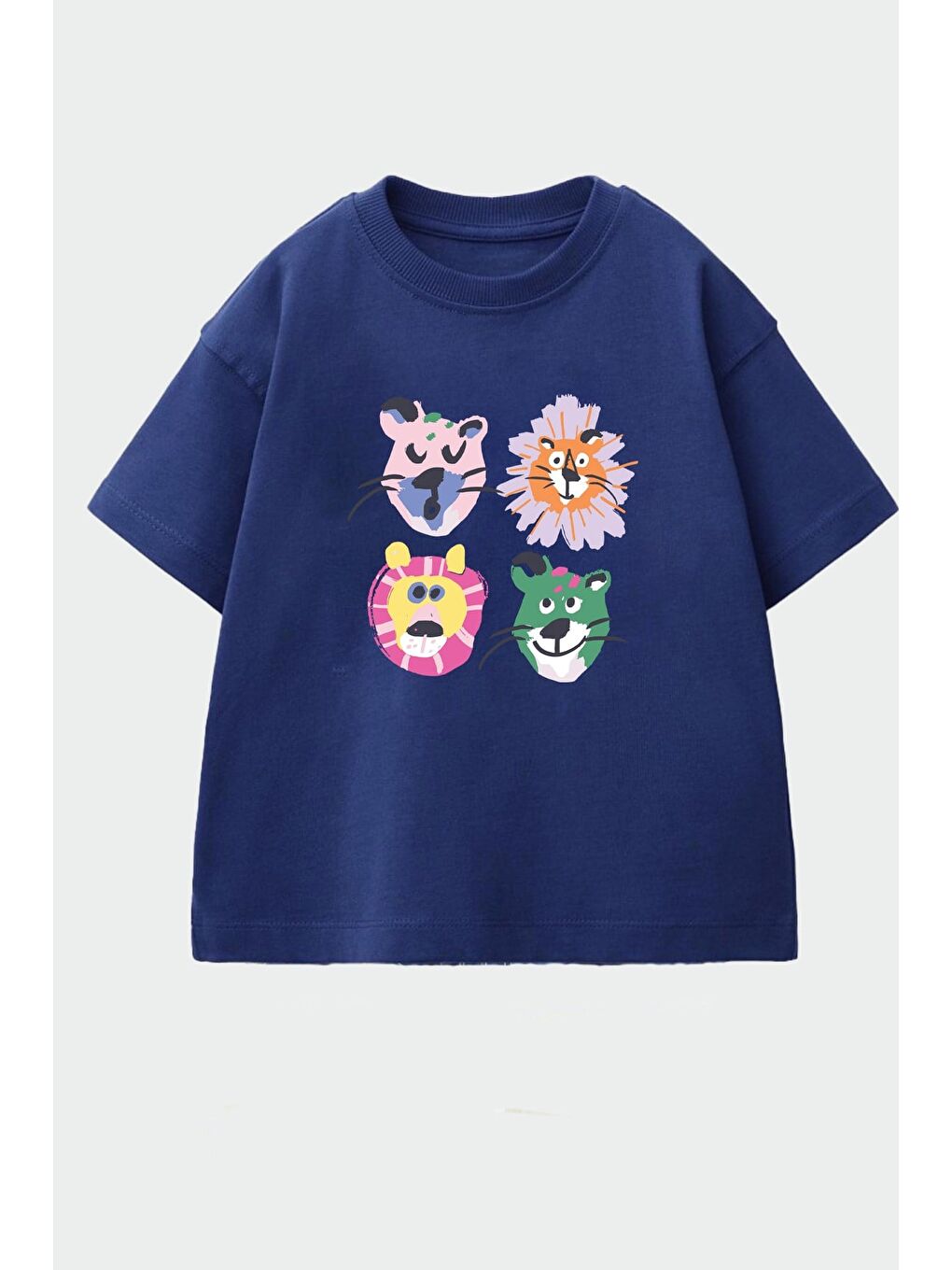 Lacivert Unisex Çocuk Pamuklu Bisiklet Yaka Baskılı T-Shirt