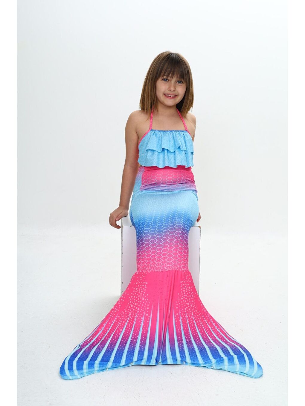 Fuşya Kız Çocuk Denizkızı Kostümlü 3'lü Mayo Takımı (Alt+Üst+Kostüm) 3-12 Yaş 12217