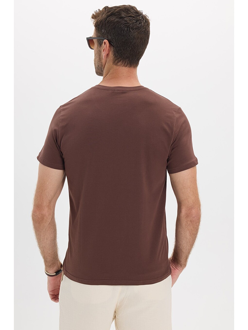Erkek Slim Fit Dar Kesim Pamuklu Yumuşak Doku Esnek Kumaş Basic Kahverengi Bisiklet Yaka Tişört-6
