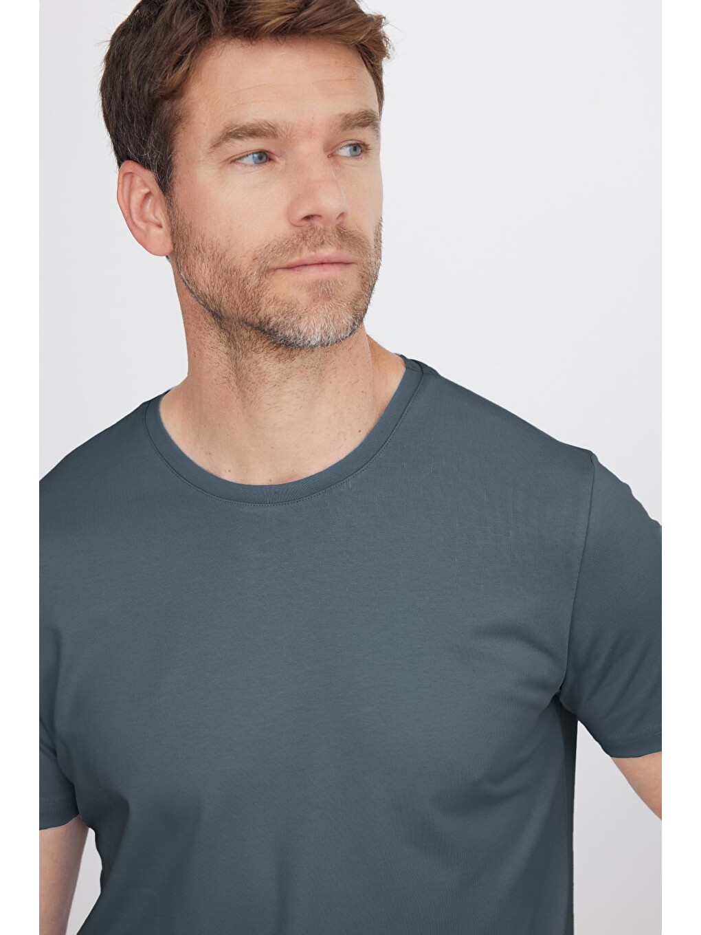 Erkek Slim Fit Dar Kesim Pamuklu Yumuşak Doku Esnek Kumaş Basic Gri Bisiklet Yaka Tişört-2